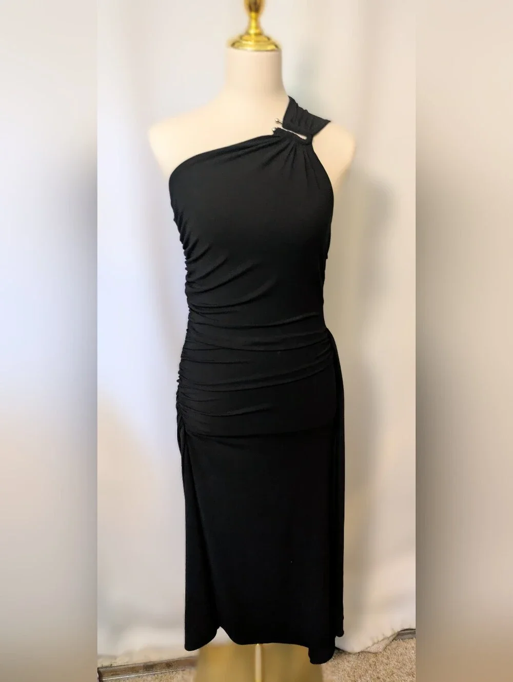Michael Kors One-Shoulder Black Ruched Gown with Shoulder Hardware